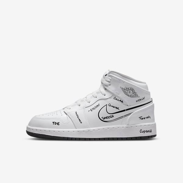 Nike Air Jordan 1 Mid Older Sneakers Børn Hvide Sort | NK075KYE