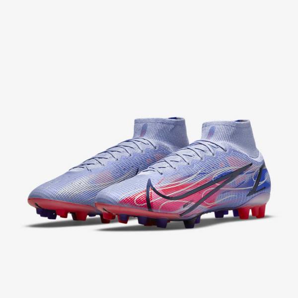Nike Mercurial Superfly 8 Elite KM AG Artificial-Grass Fodboldsko Herre Indigo Lyserød Metal Sølv | NK031KFT